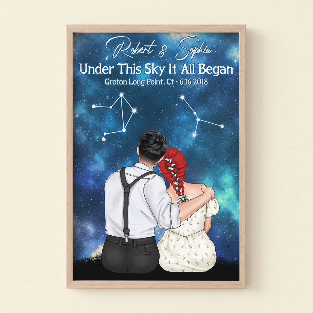 Under This Sky It All Began Personalized Zodiac Couple Canvas Print, Gift For Couple - Poster & Canvas - GoDuckee