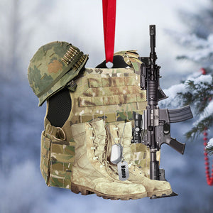 Veteran Boots, Bulletproof Vest, Helmet and Gun - Personalized Christmas Ornament - Gift for Veteran - Ornament - GoDuckee