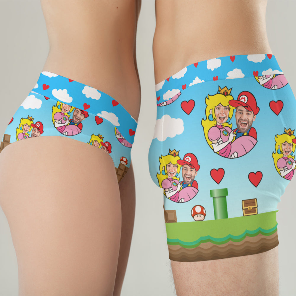 Red Heart With Cartoon Background - Custom Photo Couple Boxer Briefs -  GoDuckee