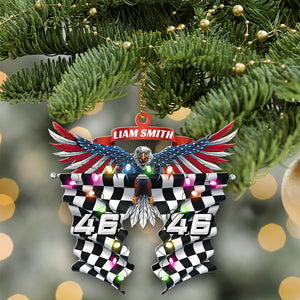 Racing Eagle With Checkered Flag - Personalized Christmas Ornament, Christmas Gift For Car Racer - Ornament - GoDuckee
