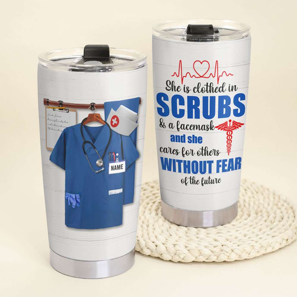 Personalized Nurse Tumbler Cup - She is Clothed in Scrubs and a Face Mask - Nurse Uniform - Tumbler Cup - GoDuckee