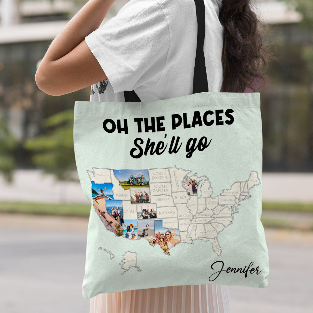 go travel tote bag Personalized Tote Bag Oh The Place She'll Go Travel Map