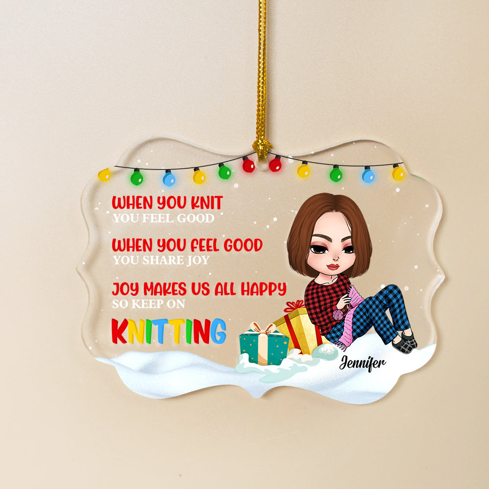 Knitting Makes Me Happy, Knitting Crochet Medallion Acrylic Ornament - Ornament - GoDuckee