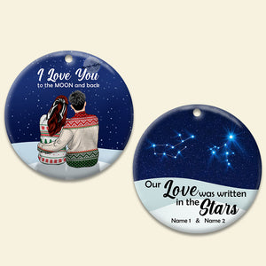 Ugly Christmas Sweater Couple, Our Love In The Star - Personalized Ceramic Ornament - Ornament - GoDuckee