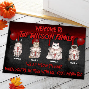 Personalized Pennywise Cat Breeds Doormat - We All Meow In Here - Halloween Gift - Doormat - GoDuckee