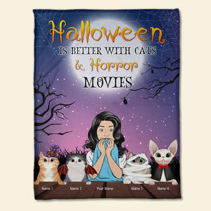 Personalized Horror Girl & Cat Breeds Blanket - Halloween Is Better With Cats and Horror Movies - Blanket - GoDuckee