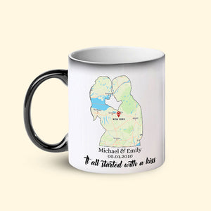 It All Started With A Kiss Custom Map Couple Mug, Gift For Couple - Coffee Mug - GoDuckee