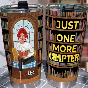 Personalized Reading Girl Tumbler - Just One More Chapter - Library Pattern - Tumbler Cup - GoDuckee