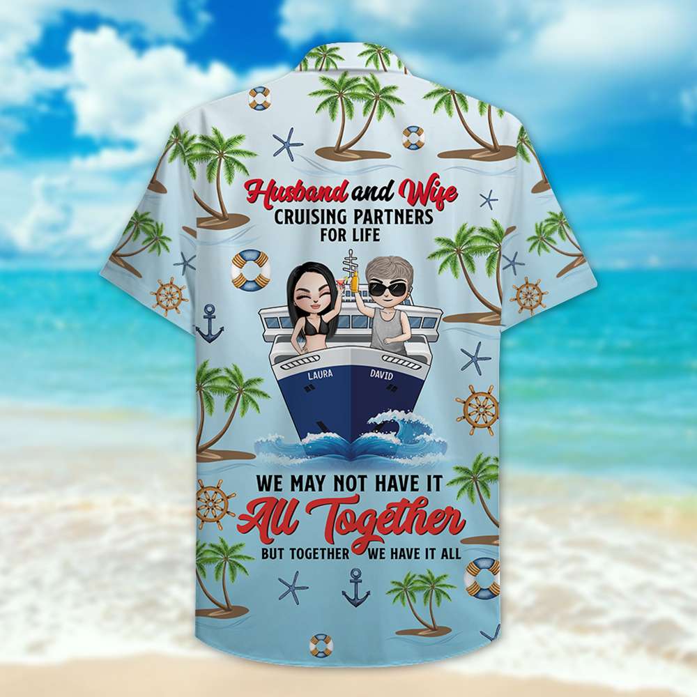 Personalized Cruising Partners Hawaiian Shirt - Husband and Wife - Cheers! - Coconut Tree Pattern Fol8-Vd1 - Hawaiian Shirts - GoDuckee