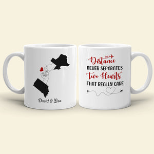 Distance Never Separates Two Hearts That Really Care Personalized Couple Mug, Gift For Couple - Coffee Mug - GoDuckee