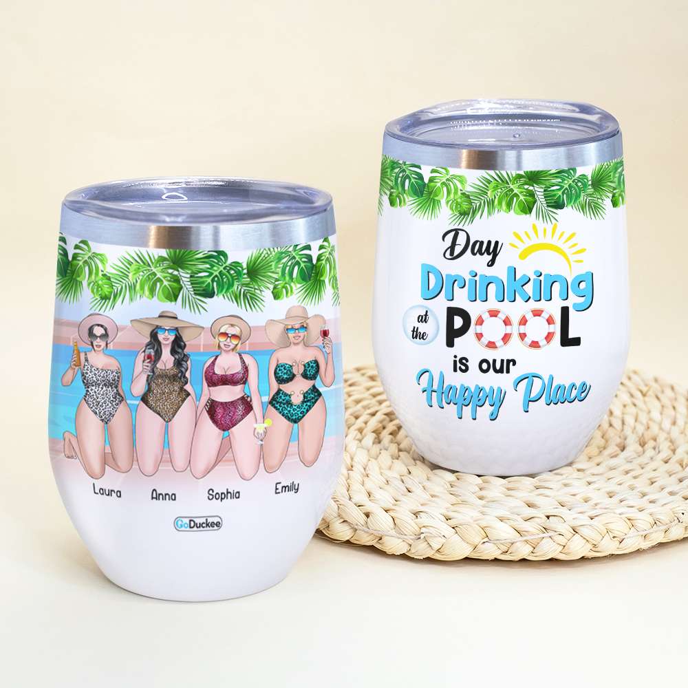 Personalized Bikini Girls Trip Wine Tumbler - Day Drinking At The Pool Is Our Happy Place - Beach Theme & Leopard Pattern - Wine Tumbler - GoDuckee