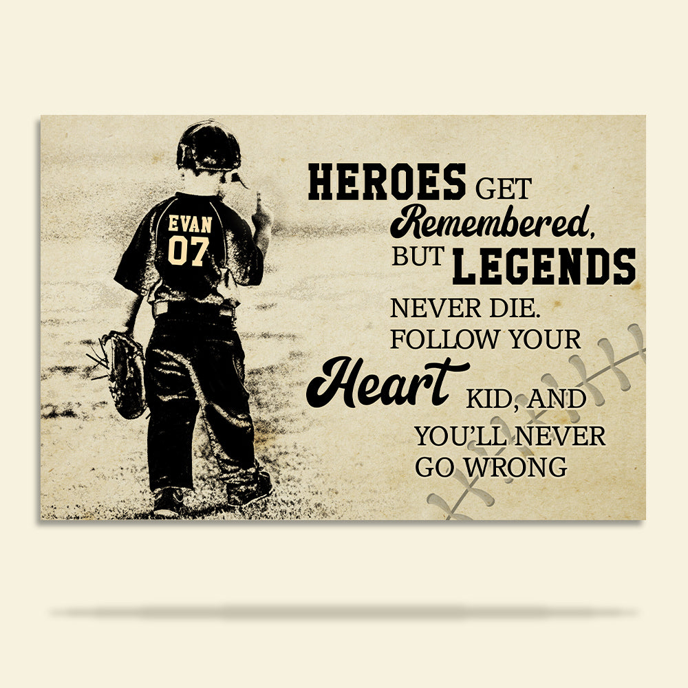 Vintage Baseball Poster - Custom Name, Number - Legends Never Die - Kid Playing Baseball - Poster & Canvas - GoDuckee