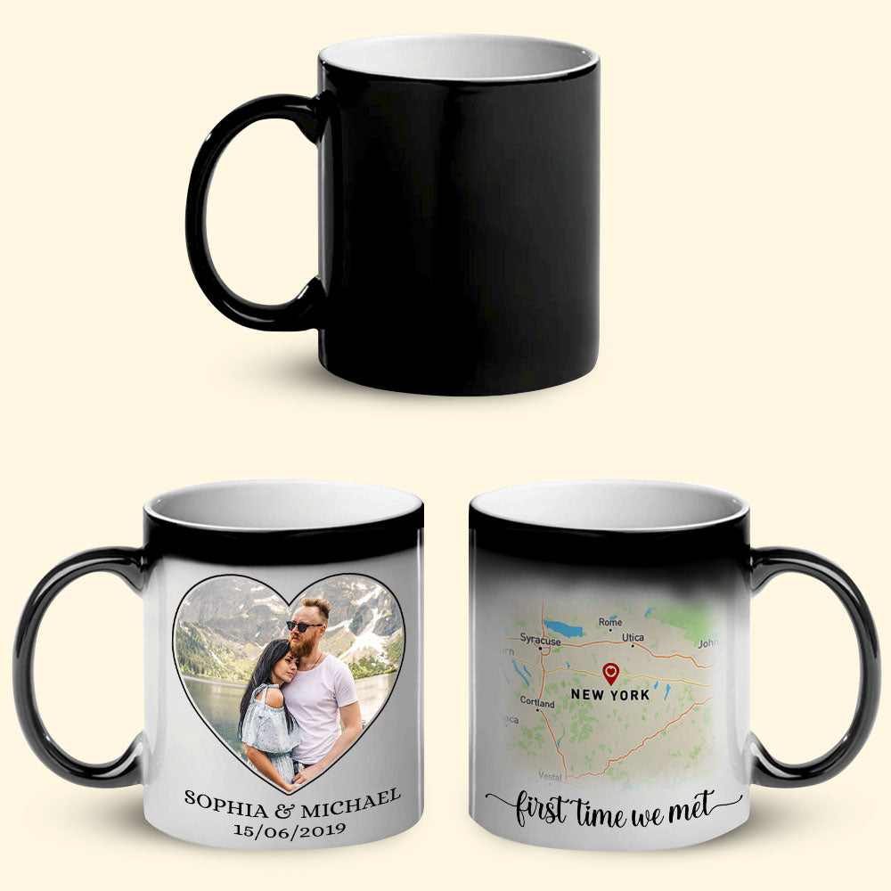 First Time We Met Custom Couple Couple Map Mug, Gift For Couple - Magic Mug - GoDuckee