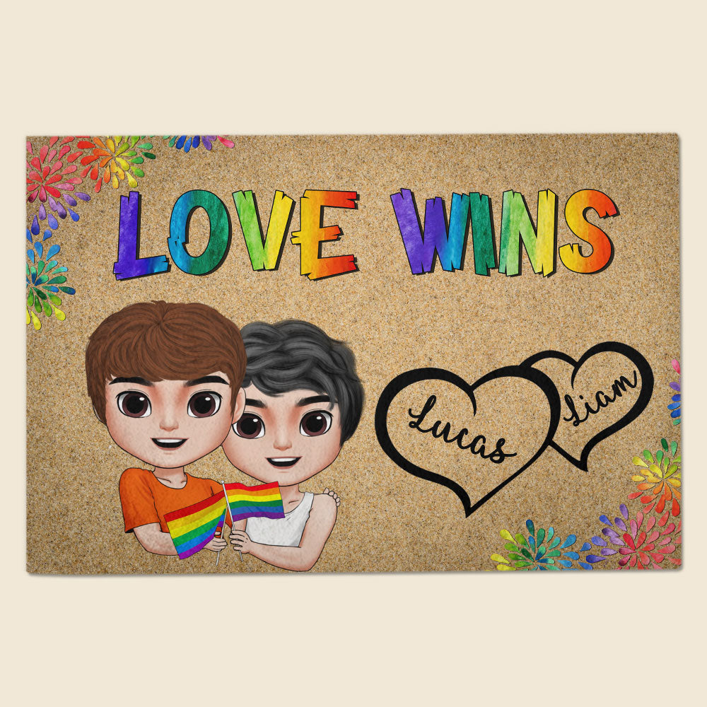 LGBT Couple Love Wins Personalized Door Mat Gift For Couple - Doormat - GoDuckee