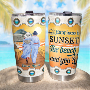 Happiness Is Sunset The Beach And You Personalized Old Couple Tumbler Gift For Couple - Tumbler Cup - GoDuckee