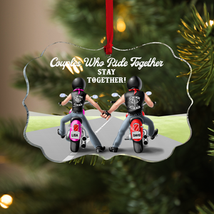 Biker Couple Ride Together Stay Together, Personalized Medallion Acrylic Ornament - Ornament - GoDuckee