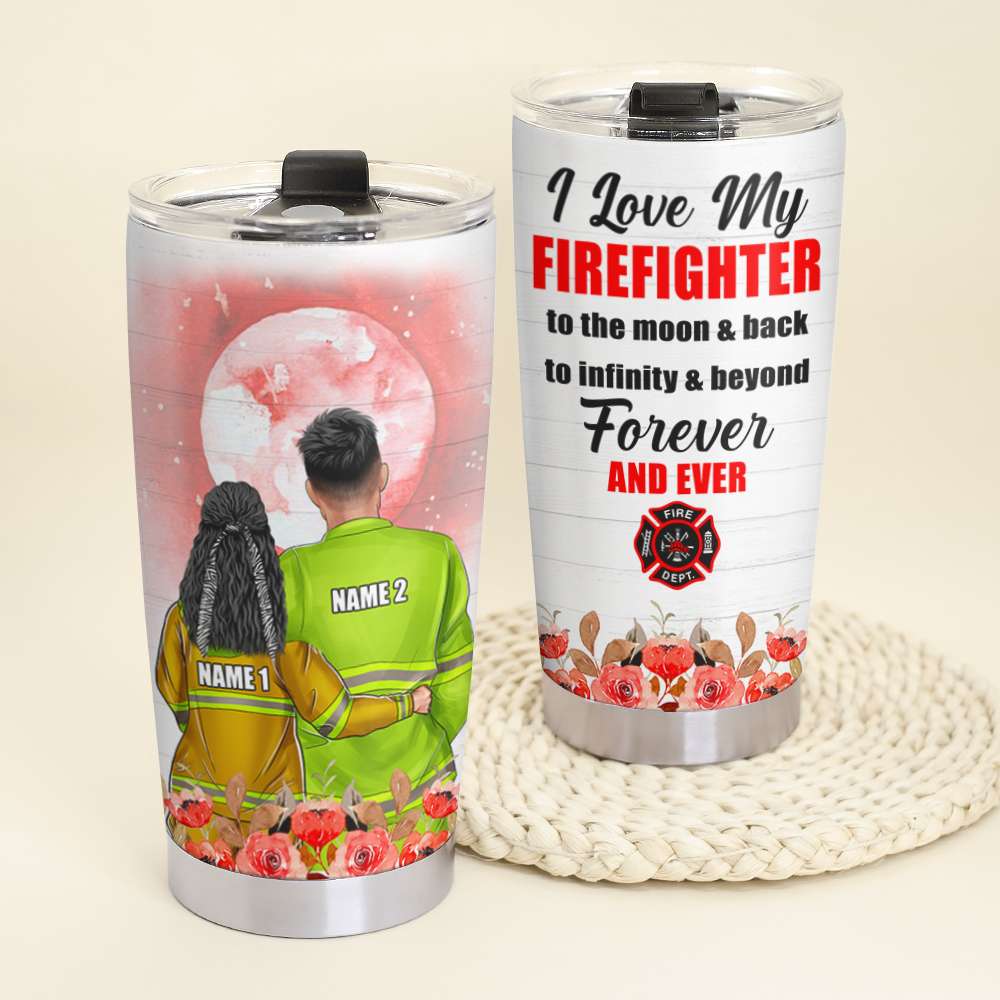Personalized Firefighter Couple Tumbler Cup - I Love My Firefighter To The Moon and Back - Couple Shoulder to Shoulder - Tumbler Cup - GoDuckee