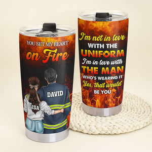 Personalized Firefighter Couple Tumbler Cup - You Set My Heart On Fire - Firefighter's Wife - Couple Shoulder to Shoulder - Tumbler Cup - GoDuckee