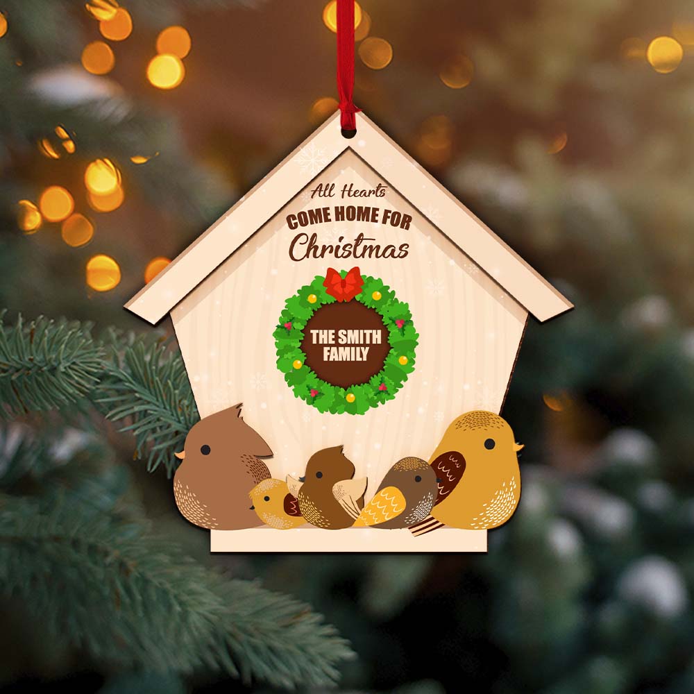 Bird Family All Hearts Come Home For Christmas, Personalized 2 Layer Wood Ornament - Ornament - GoDuckee