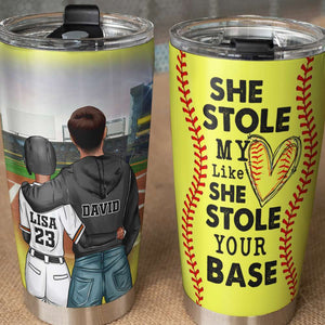 Personalized Softball Couple Tumbler Cup - She Stole My Heart Like She Stole Your Base - Tumbler Cup - GoDuckee