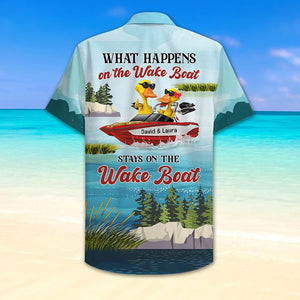 Personalized Wakeboarding Duck Couple Hawaiian Shirt - What Happens on The Wake Boat - Hawaiian Shirts - GoDuckee