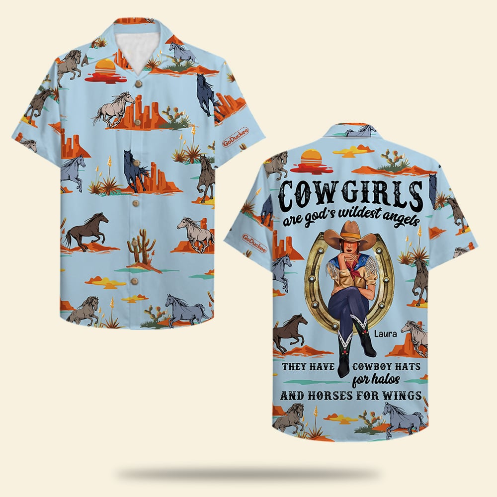 GoDuckee Personalized Cowgirl Hawaiian Shirt - Horse Pattern - Cowgirls Are God's Wildest Angels