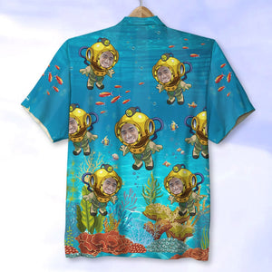 Scuba Diving Deep Diving Under The Seas Custom Face Image, Personalized Hawaiian Shirt and Men Beach Shorts, Summer Gifts for Men - Hawaiian Shirts - GoDuckee