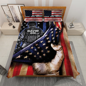 Police Honor Serve Protect - Personalized Quilt Bed Set -Gift for Police - Back Police and Flag - Quilts & Comforters - GoDuckee