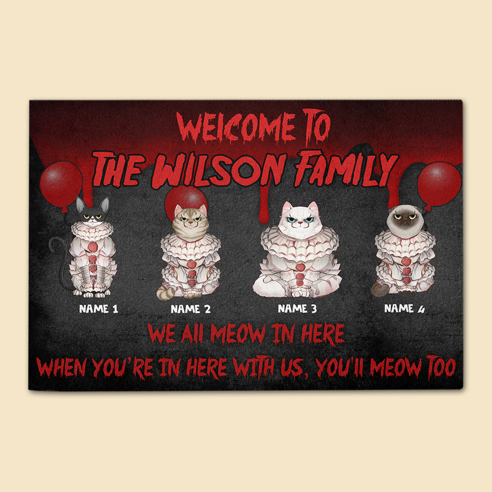 Personalized Pennywise Cat Breeds Doormat - We All Meow In Here - Halloween Gift - Doormat - GoDuckee