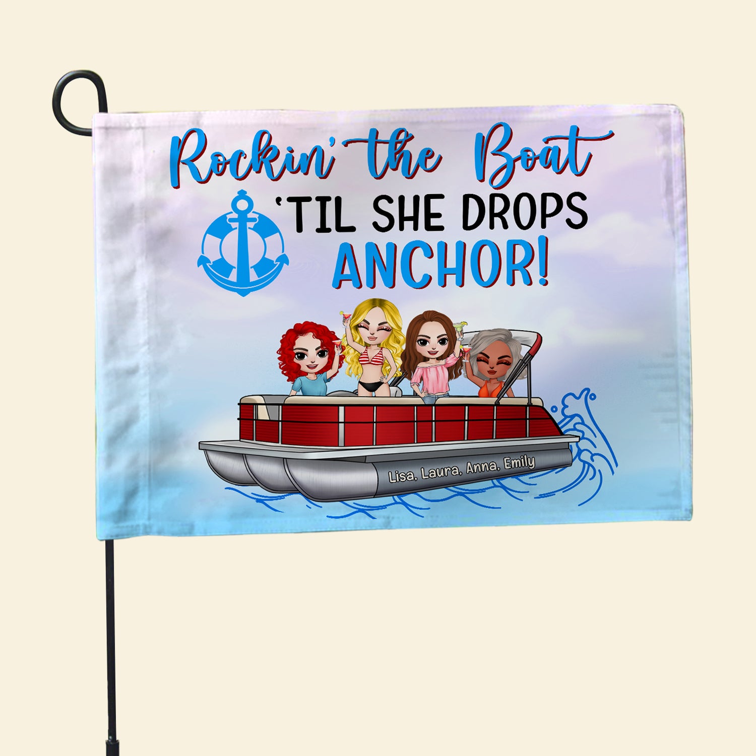 Pontoon Friends Rocking The Boat "Til She Drops Anchor - Personalized Flag - Gift for Pontoon Lovers Bachelorette Party - Flag - GoDuckee