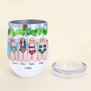 Personalized Bikini Girls Trip Wine Tumbler - Day Drinking At The Pool Is Our Happy Place - Beach Theme & Leopard Pattern - Wine Tumbler - GoDuckee