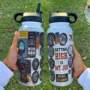 Pilot Control-Panel Water Bottle - Custom Name, Unit - Getting High Is My Job - Water Bottles - GoDuckee