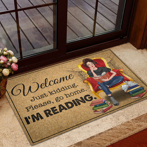 Personalized Book Door Mat - Welcome Just Kidding Please Go Home I'm Reading - Reading Girl - Doormat - GoDuckee