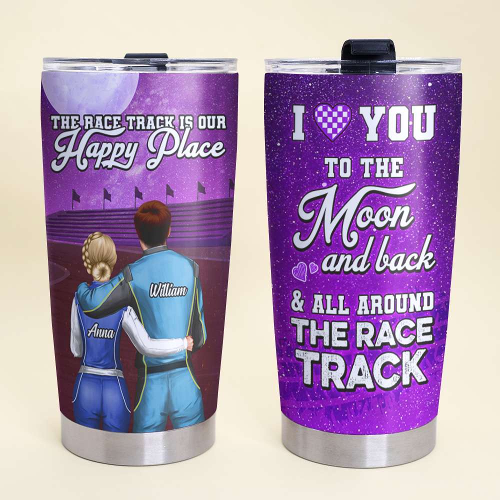Personalized Couple Racing Tumbler, The Race Track Is Our Happy Place - Tumbler Cup - GoDuckee