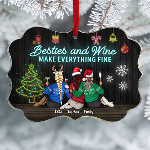 Besties And Wine Make Everything Fine, Christmas Drinking Besties Sisters Medallion Acrylic Ornament - Ornament - GoDuckee