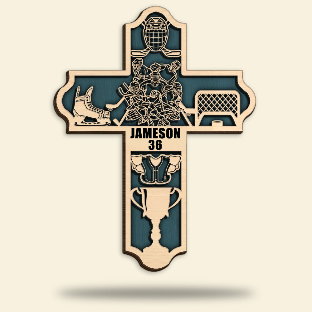 Hockey Team Cross Personalized 3D 2-Layered Wood Art - Gift for Hockey Players - Wood Sign - GoDuckee