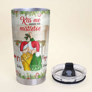 Kiss Me Under The Mistletoe, Kissing Couple Personalized Tumbler - Tumbler Cup - GoDuckee