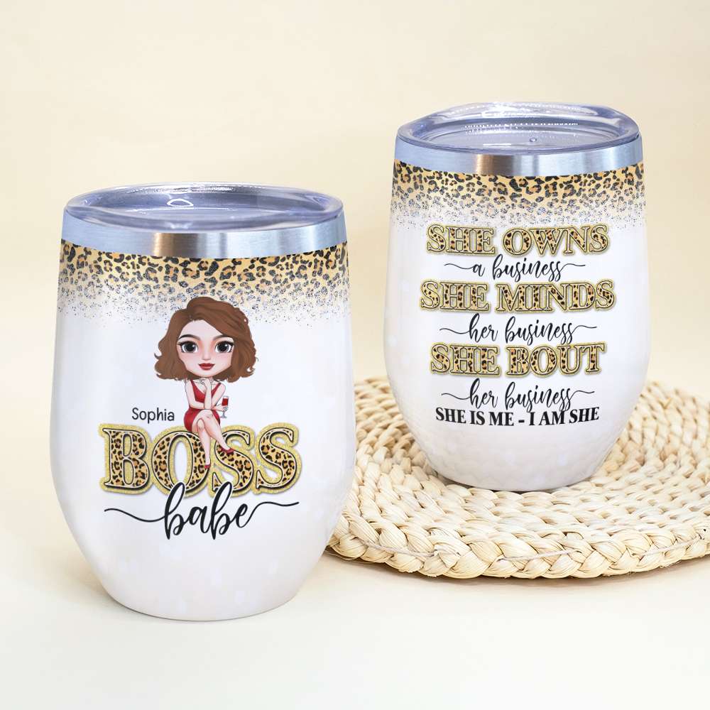 She Owns A Business She Minds Her Business, Personalized Boss Girl Wine Tumbler, Gift for Girls - Wine Tumbler - GoDuckee