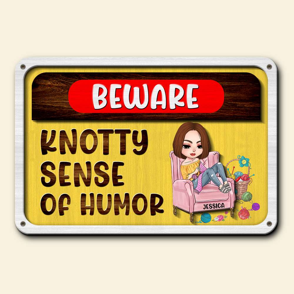 Beware Knotty Sense of Humor, Funny Personalized Wood Sign for Knitting and Crochet Lovers - Wood Sign - GoDuckee