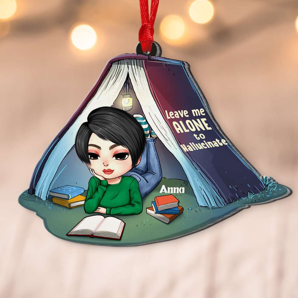 Girl Lying And Reading Book in Tent Personalized Acrylic Custom Shape Ornament - Gift For Bookworms - Ornament - GoDuckee