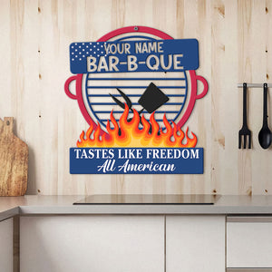 Bar B Que Tastes Like Freedom Personalized Grill Metal Sign, Gift For Independence Day - Metal Wall Art - GoDuckee