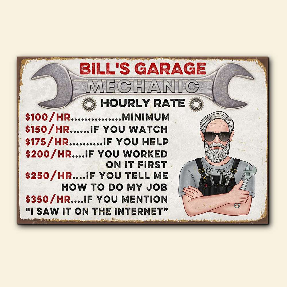 Garage Hourly Rate, Personalized Metal Sign, Funny Gift for Mechanic - Metal Wall Art - GoDuckee