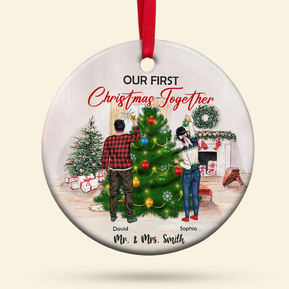 Our First Christmas Together, Personalized Circle Ceramic Ornament Gift For Couples - Ornament - GoDuckee