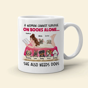 A Woman Cannot Survive On Books Alone, Girl Reading Book Dog White Mug - Coffee Mug - GoDuckee