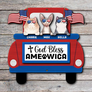 Cat God Bless Ameowica, Personalized Layered Wood Sign Stand, Gifts for Cat Lovers - Wood Sign - GoDuckee