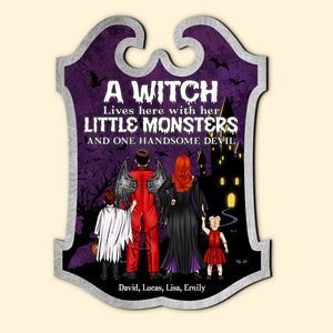 Personalized Horror Family Wood Sign, Witch, Her Little Monsters and One Handsome Devil - Wood Sign - GoDuckee