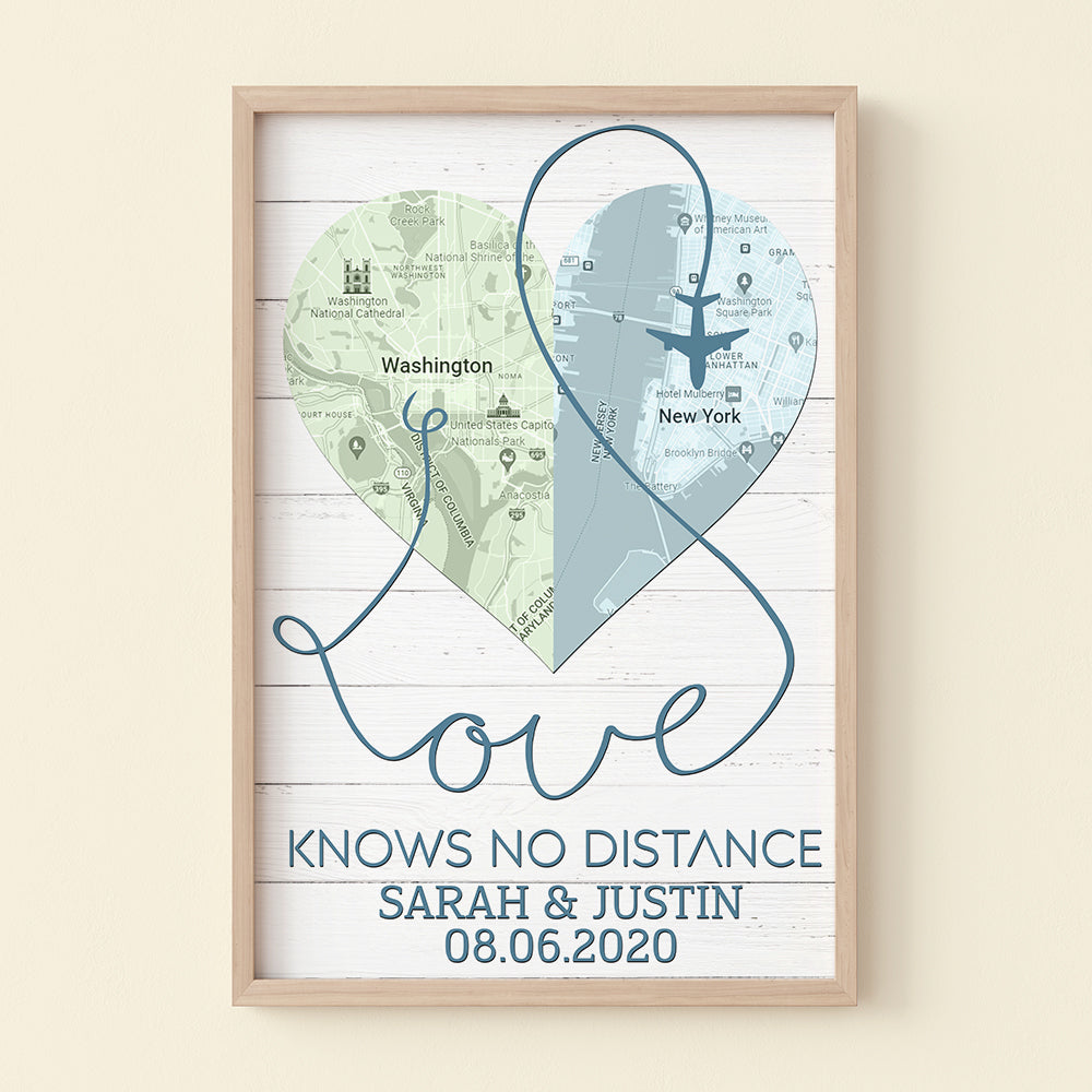 Love Knows No Distance Custom Couple Love Map Canvas Print, Gift For Couple - Poster & Canvas - GoDuckee