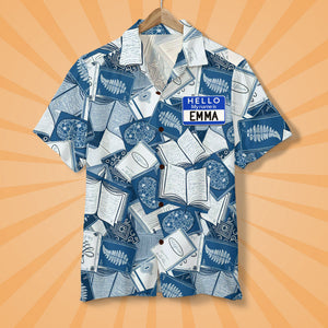 Personalized Book Lover Hawaiian Shirt - Hello My Name Is - Blue Books Pattern - Hawaiian Shirts - GoDuckee