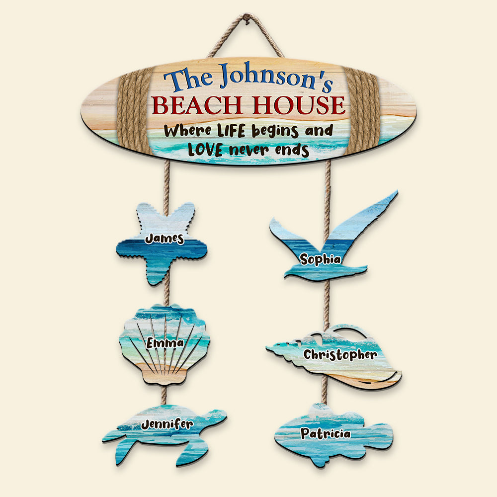 Sea Creatures Shape, Personalized Family Beach Wood Sign, Where Life Begins Love Never Ends - Wood Sign - GoDuckee