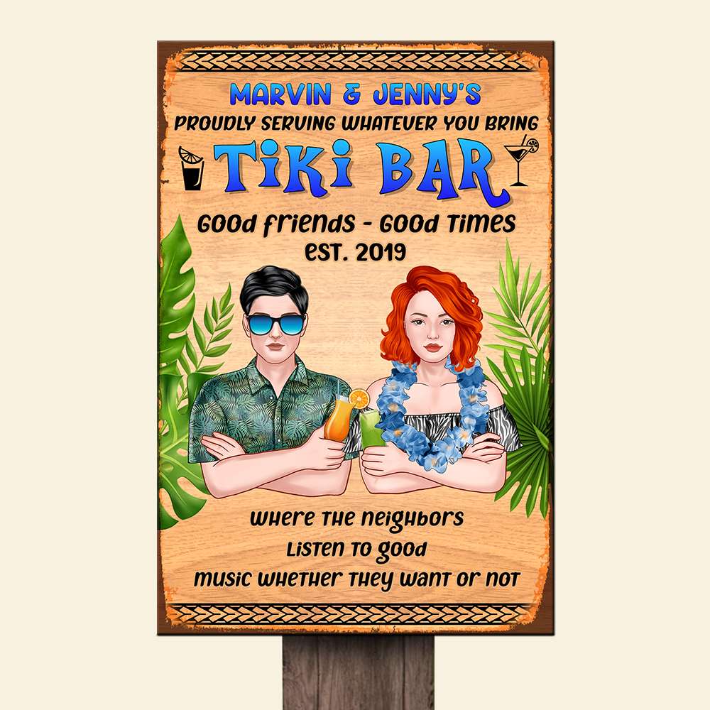 Personalized Hawaiian Wreath Couple Metal Sign - Tiki Bar Good Friends Good Times - Couple Arms Crossed - Hawaiian Shirts - GoDuckee